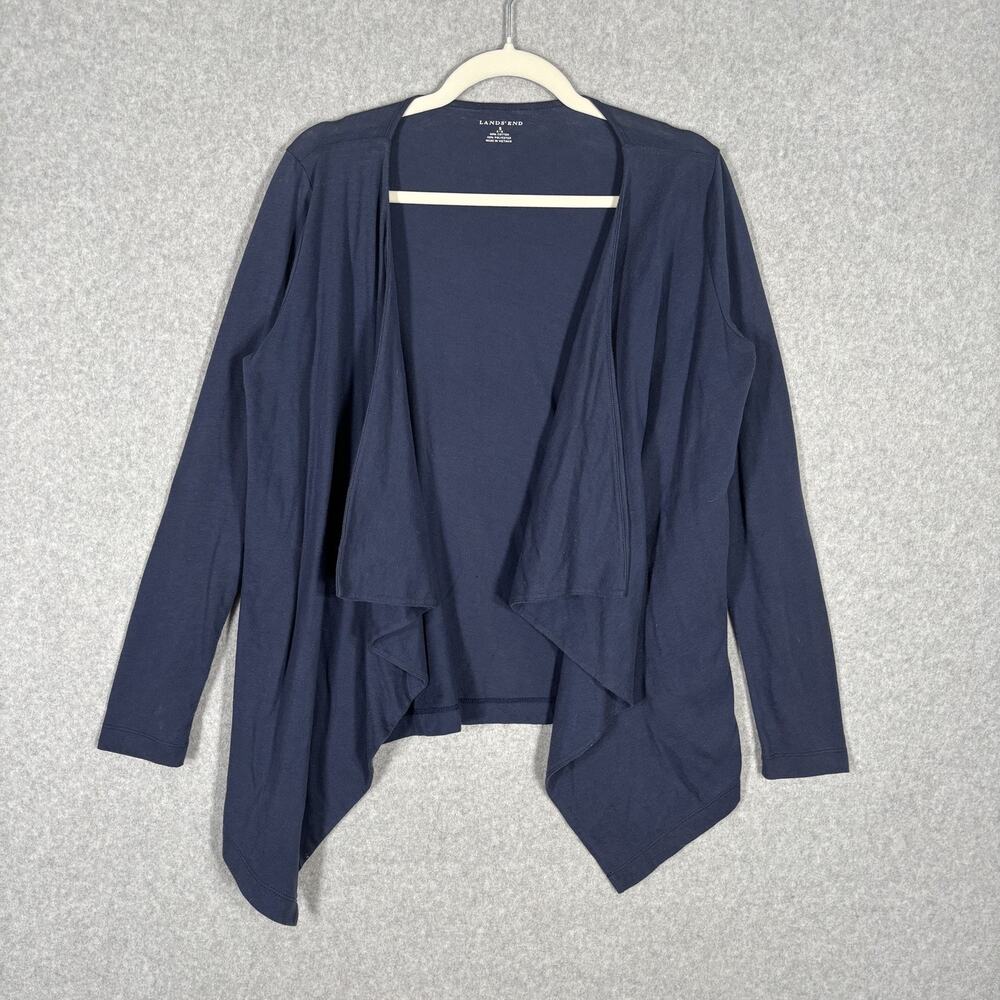 Lands End Wrap Drape Cardigan Sweatshirt Small Navy Cotton  Lounge Comfort